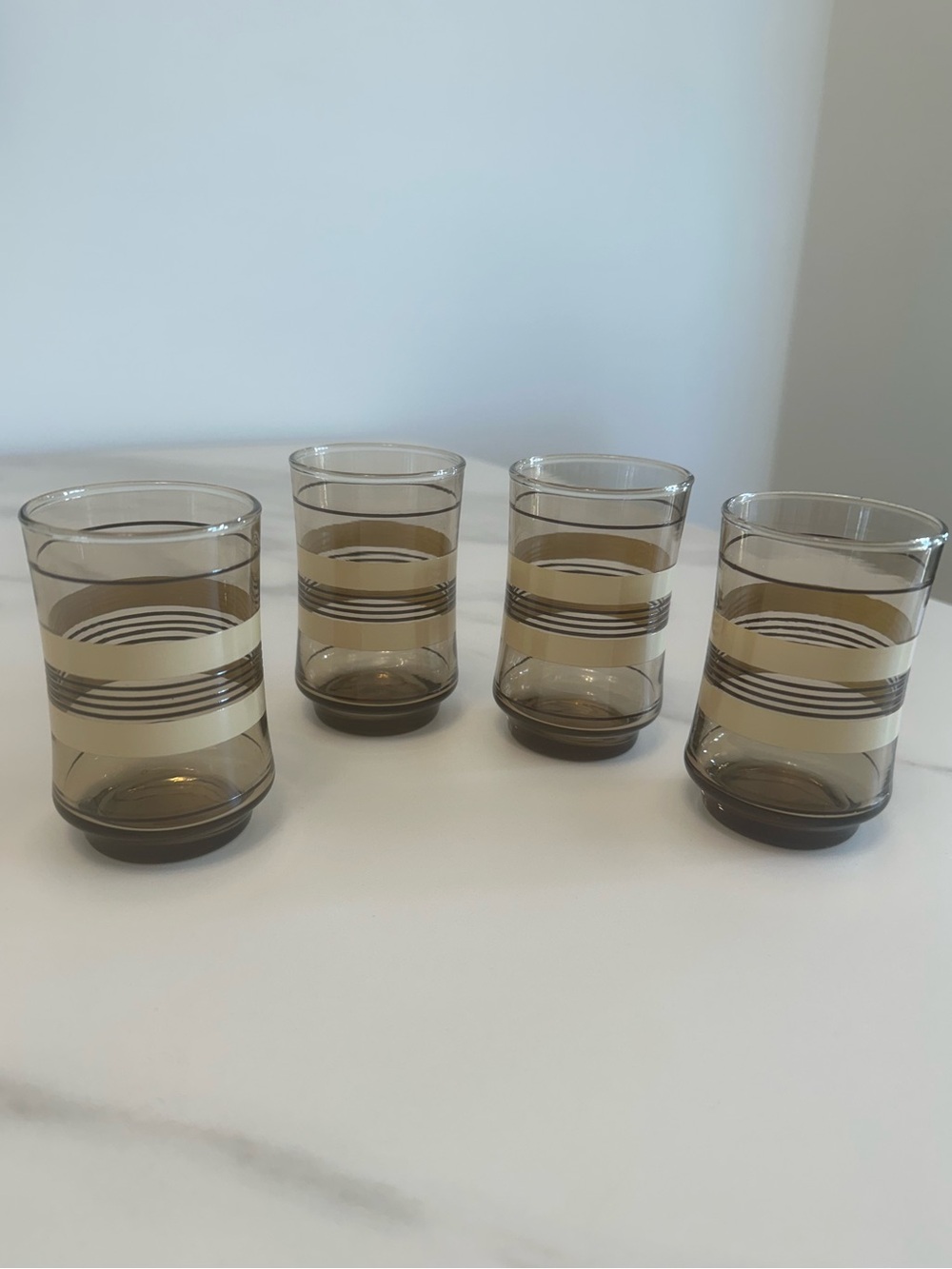 Set of 4 Vintage Smoky Brown/Cream Striped Glass Tumblers by Libbey
